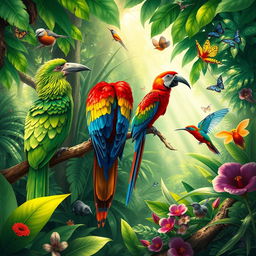 A vibrant illustration of various birds in a lush tropical rainforest