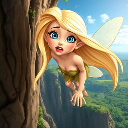 A beautiful blonde cartoonish fairy woman with long flowing hair, sparkling blue eyes, and striking red lips