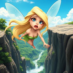 A beautiful blonde cartoonish fairy woman with long flowing hair, sparkling blue eyes, and striking red lips
