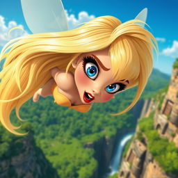 A beautiful blonde cartoonish fairy woman with long flowing hair, sparkling blue eyes, and striking red lips