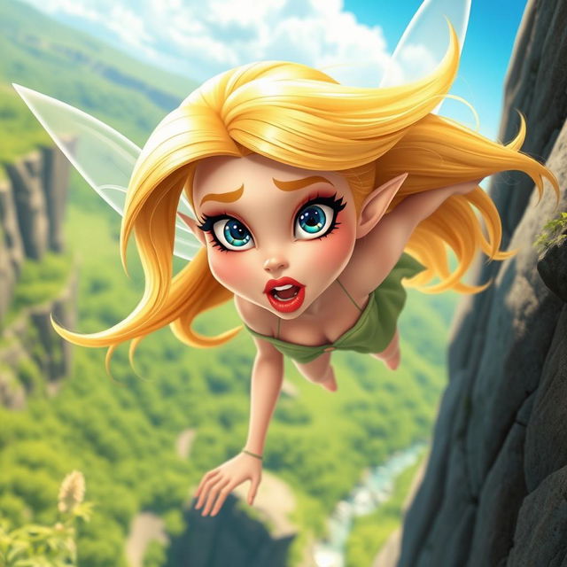 A beautiful blonde cartoonish fairy woman with long flowing hair, sparkling blue eyes, and striking red lips