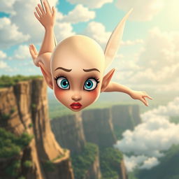 A stunning cartoon-style fairy woman with a beautiful bald head, large expressive blue eyes, and striking red lips