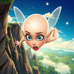 A stunning cartoon-style fairy woman with a beautiful bald head, large expressive blue eyes, and striking red lips