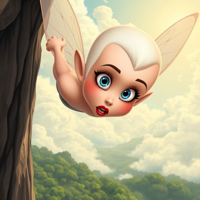 A stunning cartoon-style fairy woman with a beautiful bald head, large expressive blue eyes, and striking red lips