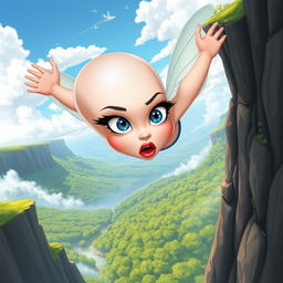 A stunning cartoon-style fairy woman with a beautiful bald head, large expressive blue eyes, and striking red lips