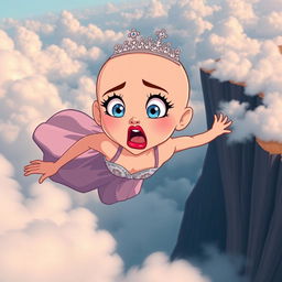 A beautiful bald cartoon princess with a sparkling tiara, vibrant blue eyes, and striking red lips, is depicted in mid-fall off a dramatic cliff