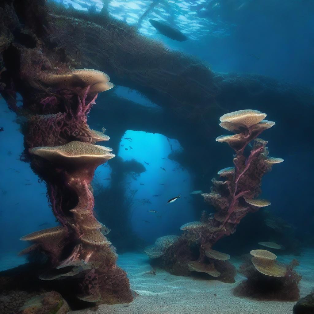 A high-resolution underwater photograph depicting a real-world Deep Twisty Bridge biome