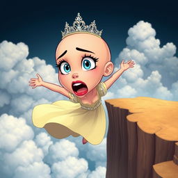 A beautiful bald cartoon princess with a sparkling tiara, vibrant blue eyes, and striking red lips, is depicted in mid-fall off a dramatic cliff