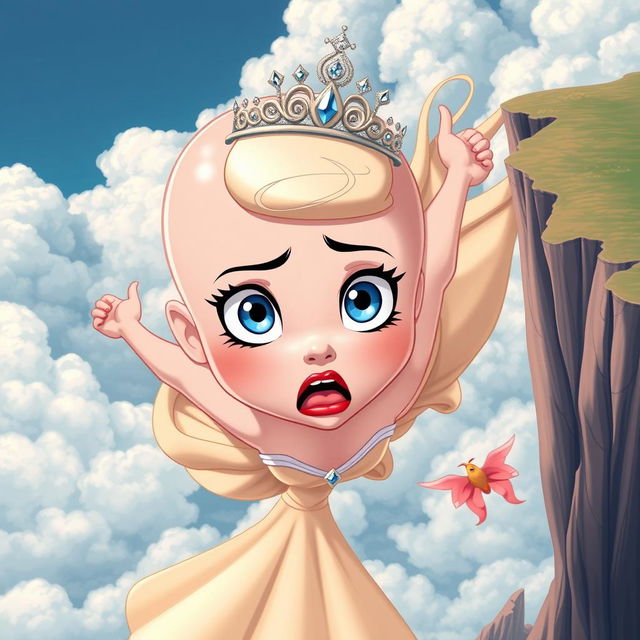 A beautiful bald cartoon princess with a sparkling tiara, vibrant blue eyes, and striking red lips, is depicted in mid-fall off a dramatic cliff