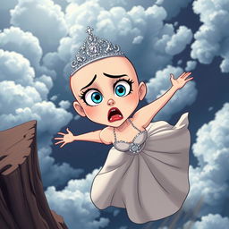 A beautiful bald cartoon princess with a sparkling tiara, vibrant blue eyes, and striking red lips, is depicted in mid-fall off a dramatic cliff