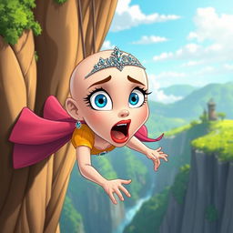A beautiful bald cartoon princess with a sparkling tiara, captivating blue eyes, and luscious red lips, dramatically falling off a cliff