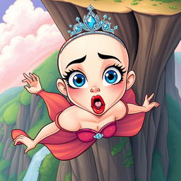 A beautiful bald cartoon princess with a sparkling tiara, captivating blue eyes, and luscious red lips, dramatically falling off a cliff