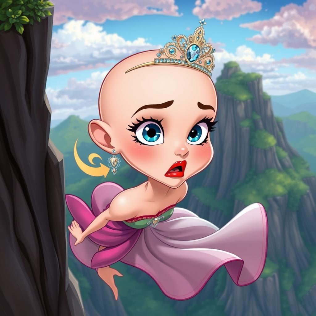 A beautiful bald cartoon princess with a sparkling tiara, captivating blue eyes, and luscious red lips, dramatically falling off a cliff