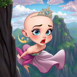 A beautiful bald cartoon princess with a sparkling tiara, captivating blue eyes, and luscious red lips, dramatically falling off a cliff