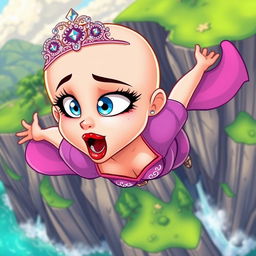 A beautiful bald cartoon princess with a sparkling tiara, captivating blue eyes, and luscious red lips, dramatically falling off a cliff