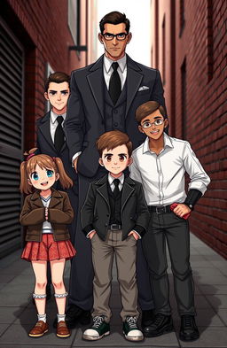 A charismatic and handsome mafia figure standing confidently behind two pairs of twins
