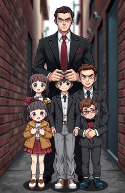 A charismatic and handsome mafia figure standing confidently behind two pairs of twins