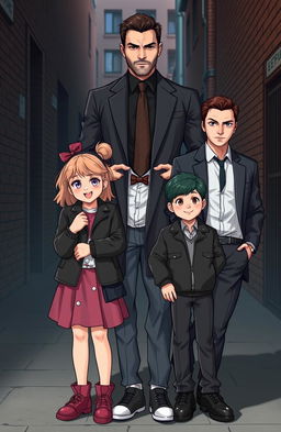 A charismatic and handsome mafia figure standing confidently behind two pairs of twins