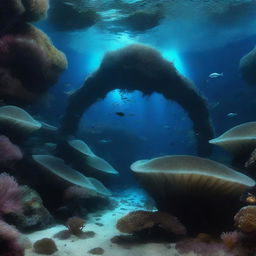 A high-resolution underwater photograph depicting a real-world Deep Twisty Bridge biome