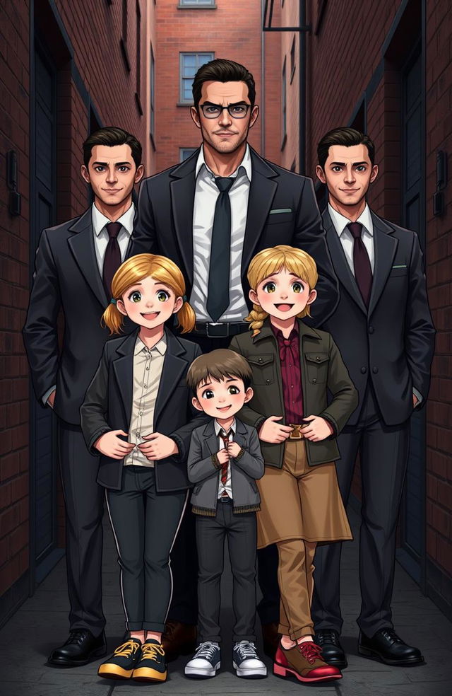 A charismatic and handsome mafia figure standing confidently behind two pairs of twins
