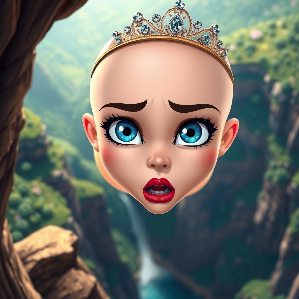 A beautiful bald cartoon princess, adorned with a sparkling tiara, showcasing mesmerizing blue eyes and vibrant red lips, portrayed in a dramatic scene as she falls off a cliff