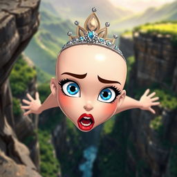 A beautiful bald cartoon princess, adorned with a sparkling tiara, showcasing mesmerizing blue eyes and vibrant red lips, portrayed in a dramatic scene as she falls off a cliff