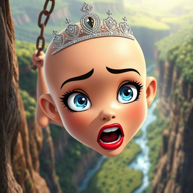 A beautiful bald cartoon princess, adorned with a sparkling tiara, showcasing mesmerizing blue eyes and vibrant red lips, portrayed in a dramatic scene as she falls off a cliff