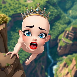 A beautiful bald cartoon princess, adorned with a sparkling tiara, showcasing mesmerizing blue eyes and vibrant red lips, portrayed in a dramatic scene as she falls off a cliff