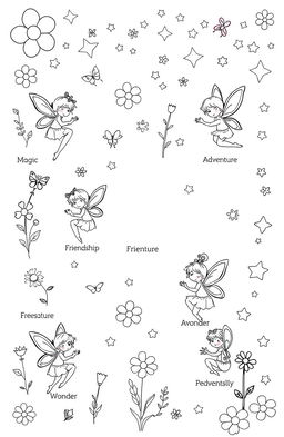 A charming fairy-themed coloring book page designed for children, featuring small, whimsical drawings of fairies in various poses, surrounded by elements like flowers, butterflies, and magical stars
