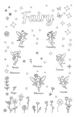A charming fairy-themed coloring book page designed for children, featuring small, whimsical drawings of fairies in various poses, surrounded by elements like flowers, butterflies, and magical stars