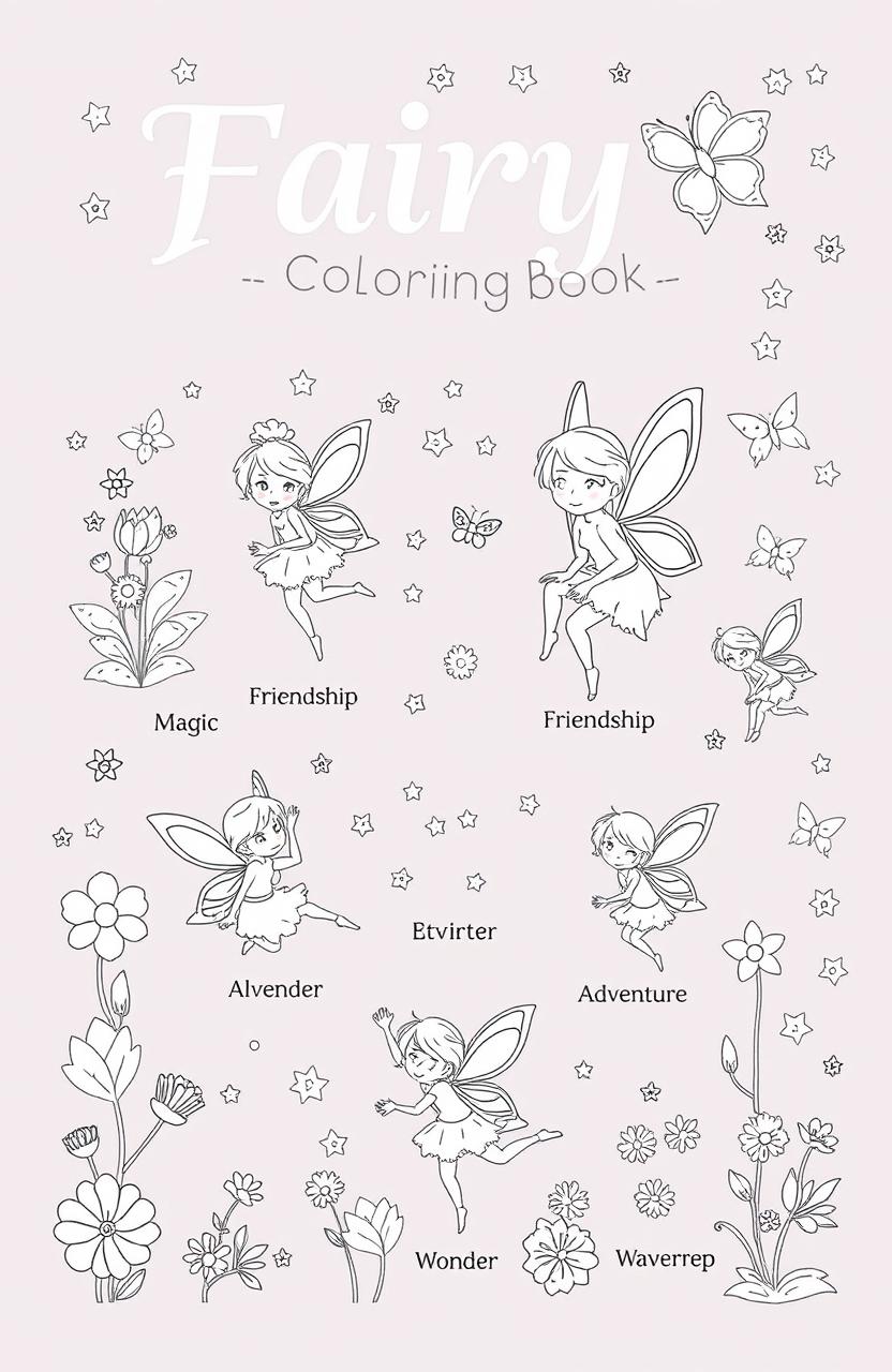 A charming fairy-themed coloring book page designed for children, featuring small, whimsical drawings of fairies in various poses, surrounded by elements like flowers, butterflies, and magical stars