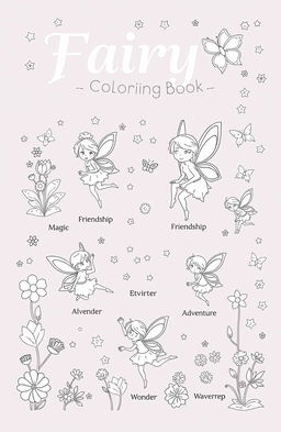 A charming fairy-themed coloring book page designed for children, featuring small, whimsical drawings of fairies in various poses, surrounded by elements like flowers, butterflies, and magical stars