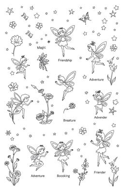 A charming fairy-themed coloring book page designed for children, featuring small, whimsical drawings of fairies in various poses, surrounded by elements like flowers, butterflies, and magical stars