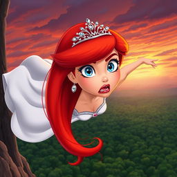 A stunning redhead toon princess with vibrant red hair cascading down her back, wearing an elegant tiara adorned with shimmering jewels