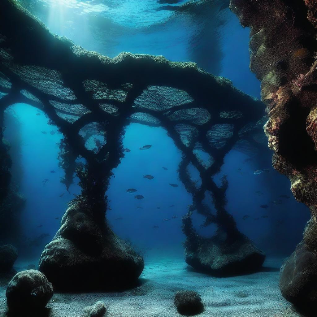 A high-resolution underwater photograph depicting a real-world Deep Twisty Bridge biome