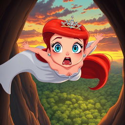A stunning redhead toon princess with vibrant red hair cascading down her back, wearing an elegant tiara adorned with shimmering jewels