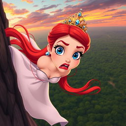 A stunning redhead toon princess with vibrant red hair cascading down her back, wearing an elegant tiara adorned with shimmering jewels