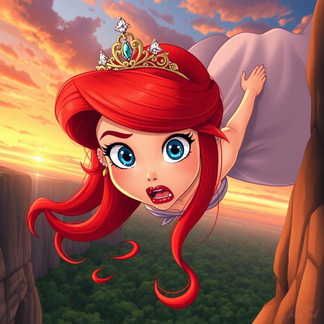 A stunning redhead toon princess with vibrant red hair cascading down her back, wearing an elegant tiara adorned with shimmering jewels