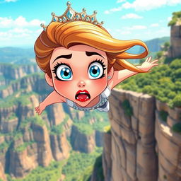 A beautiful toon princess with sparkling blue eyes and vibrant red lips, wearing a shimmering tiara, is depicted in mid-fall off a cliff