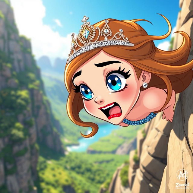 A beautiful toon princess with sparkling blue eyes and vibrant red lips, wearing a shimmering tiara, is depicted in mid-fall off a cliff