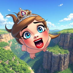 A beautiful toon princess with sparkling blue eyes and vibrant red lips, wearing a shimmering tiara, is depicted in mid-fall off a cliff