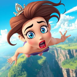 A beautiful toon princess with sparkling blue eyes and vibrant red lips, wearing a shimmering tiara, is depicted in mid-fall off a cliff