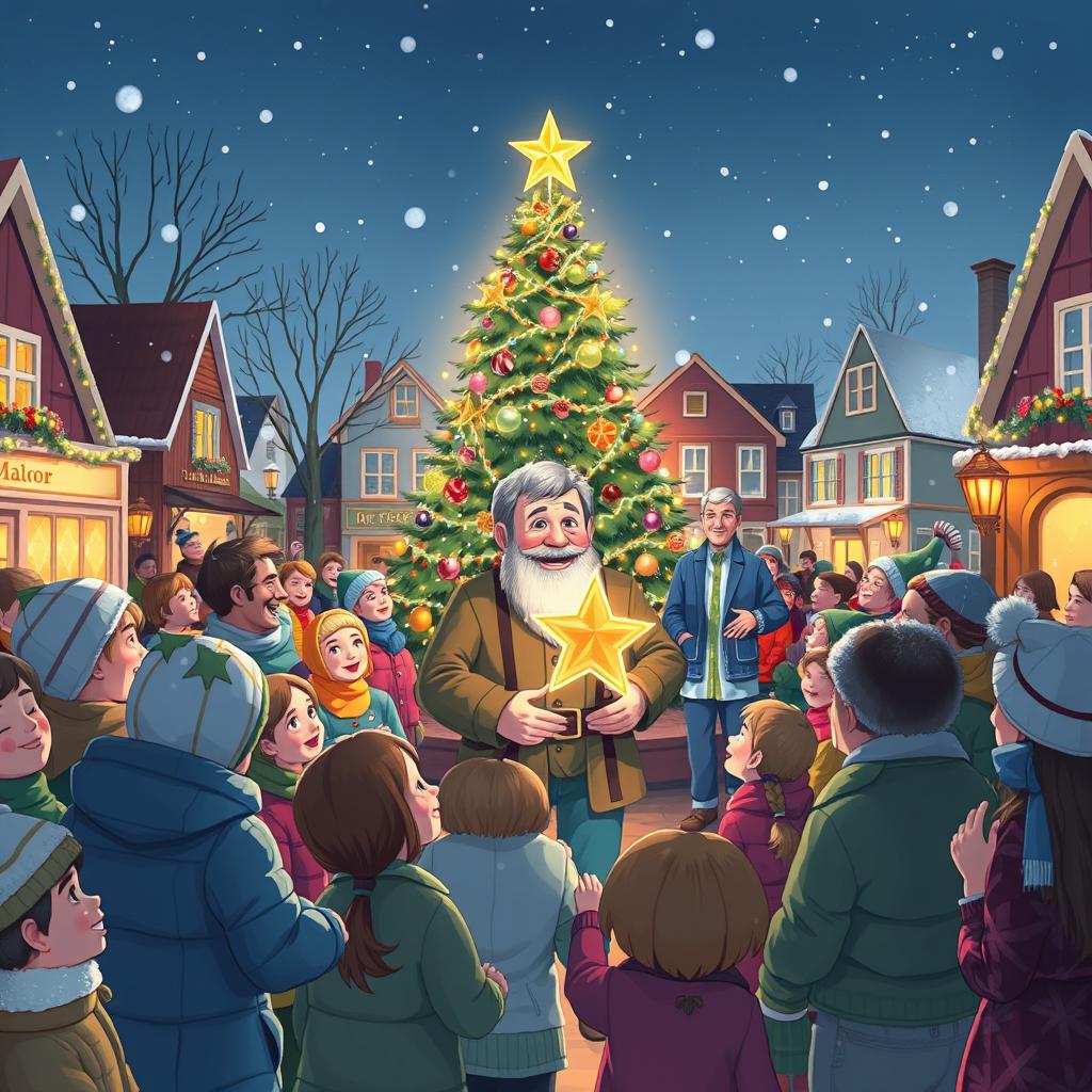 A heartwarming Christmas Star ceremony in a charming town square, filled with holiday lights and decorations