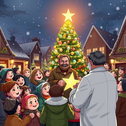 A heartwarming Christmas Star ceremony in a charming town square, filled with holiday lights and decorations