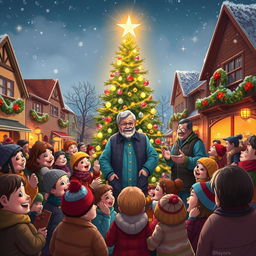 A heartwarming Christmas Star ceremony in a charming town square, filled with holiday lights and decorations