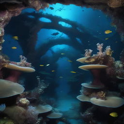 A high-resolution underwater photograph depicting a real-world Deep Twisty Bridge biome