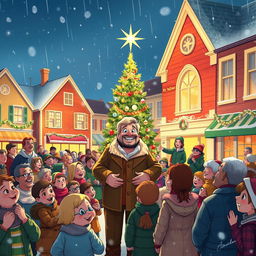 A heartwarming Christmas Star ceremony in a charming town square, filled with holiday lights and decorations