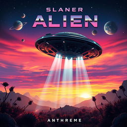 A visually striking book cover design featuring a massive alien spaceship landing in a dramatic action-packed scene