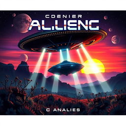 A visually striking book cover design featuring a massive alien spaceship landing in a dramatic action-packed scene