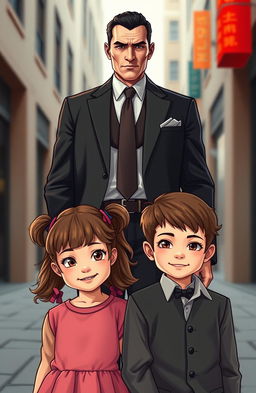 A handsome and charismatic mafia figure stands confidently behind a pair of twin children, a girl and a boy
